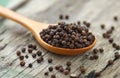 Whole black pepper on wooden spoon Royalty Free Stock Photo