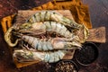 Whole Black tiger giant prawns shrimps in a skillet. Raw Seafood. Dark background. Top view Royalty Free Stock Photo