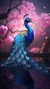 A whole body blue peacock with a screen on a branch full of pink flowers, Generative AI