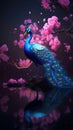 A whole body blue peacock with a screen on a branch full of pink flowers, Generative AI