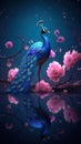 A whole body blue peacock with a screen on a branch full of pink flowers, golden gems on blue feathers, Generative AI