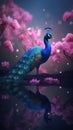 A whole body blue peacock with a screen on a branch full of pink flowers, golden gems on blue feathers, Generative AI