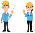 Whole body of man and woman wearing helmets wearing blue work clothes explained by pointers