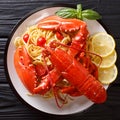Whole boiled lobster with Italian spaghetti close-up on a platte