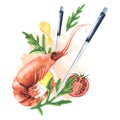 Whole boiled shrimp with arugula leaves, lemon slice, quail egg and chopsticks. Watercolor illustration. Composition