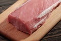 Whole boneless pork loin without fat close-up. Pork tenderloin on a cutting board on a dark background Royalty Free Stock Photo