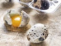 Whole and broken quail eggs on a textured background Royalty Free Stock Photo