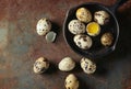 Whole and broken quail eggs Royalty Free Stock Photo