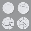 Whole and broken white ceramic plate top view collection realistic template vector illustration