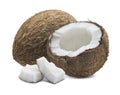 Whole brown coconut, broken half and pieces isolated on white