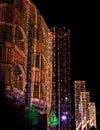 A whole building decorated with tuning bulbs and led decorating string lights Royalty Free Stock Photo