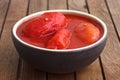 Whole canned tomatoes in brown bowl Royalty Free Stock Photo
