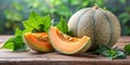 Whole cantaloupe melon accompanied by slices of the melon and fresh green leaves AI-Generated Content