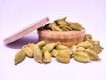 Whole cardamon seeds in a traditional spice pot. White background Royalty Free Stock Photo