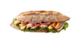 Whole cereal baguette with sliced baked chicken breast, red onion, red and yellow sweet pepper and green lettuce salad leaf Royalty Free Stock Photo