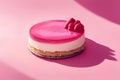 Whole cheesecake with raspberry jam and berries on pink background. Royalty Free Stock Photo