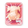 Whole chicken on disposable pink tray wrapped up transparent clingfilm.