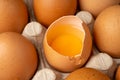 Whole Chicken Eggs and One Broken Closeup, Broken Egg in Carton Pack, Brown Hen Eggs Container Royalty Free Stock Photo