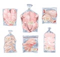 Whole chicken and its parts in polyethylene bags, vacuum packaging, plastic wrap, clingfilm.