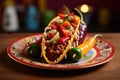 a whole chili pepper inside a taco, placed on a vibrant ceramic plate