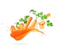 Whole and chopped carrots in splashes of fresh juice on a white background Royalty Free Stock Photo