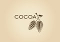 Whole cocoa pods, fruit tree logo. Cocoa nibs and beans retro logotype. Raw, roasted, grated cocoa icon. Chocolate