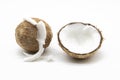 Whole coconut and pieces of coconut on white background Royalty Free Stock Photo