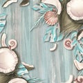 Whole coconuts and slices with tropical palm leaves and seashells. Watercolor illustration. Template on a wooden