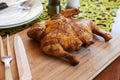 Whole cooked chicken with cutlery and spices Royalty Free Stock Photo