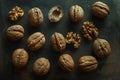 Whole and cracked walnuts arranged neatly on a table, An artistic arrangement of whole and cracked walnuts Royalty Free Stock Photo
