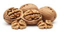 Whole and cracked walnuts with exposed kernels and textured brown shells on a white background Keywords: walnuts Royalty Free Stock Photo