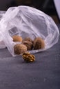 Whole and cracked walnuts in open plastic bag on blue textured surface, side view. Healthy nuts and seeds composition. Royalty Free Stock Photo