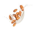 Whole and crushed almonds in splashes of milk isolated on a white background Royalty Free Stock Photo