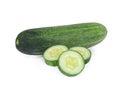 Whole cucumber with slices isolated on white Royalty Free Stock Photo