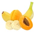 Whole and cut banana and apricot fruits isolated on white with clipping path Royalty Free Stock Photo