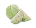 Whole and cut fresh ripe cabbages on white background Royalty Free Stock Photo