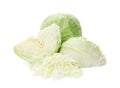 Whole and cut fresh ripe cabbages on white background Royalty Free Stock Photo
