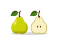 Whole and cut in half yellow pear with leaf with shadow on white background