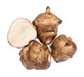Whole and cut Jerusalem artichokes isolated on white, top view Royalty Free Stock Photo
