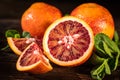 Whole and cut ripe juicy Sicilian Blood oranges Royalty Free Stock Photo