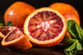 Whole and cut ripe juicy Sicilian Blood oranges Royalty Free Stock Photo