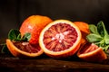 Whole and cut ripe juicy Sicilian Blood oranges Royalty Free Stock Photo