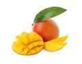 Whole and cut ripe mangoes isolated. Exotic fruit Royalty Free Stock Photo