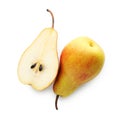 Whole and cut ripe pears isolated on white, top view Royalty Free Stock Photo