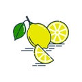 Whole cut and slice in half lemon fruit isolated on white background. Fresh cut citrus icon. Bright summer harvest illustration. Royalty Free Stock Photo