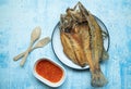 Whole deep fried sea bass with fish sauce served with spicy dip Royalty Free Stock Photo
