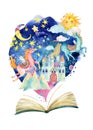 The whole fairy tale world in one book. Starry sky, moon and sun, magic castle, flying unicorns Royalty Free Stock Photo