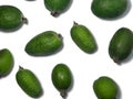 Whole feijoa fruit on a white background. Object shooting. Vegan food. Juice ingredient. Fruit with skin