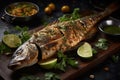 Whole fish with a grilled skin Arab food Generative AI