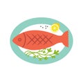 Whole fish on oval plate grilled or fried with fresh herbs and lemon. Vector flat illustration isolated on white.